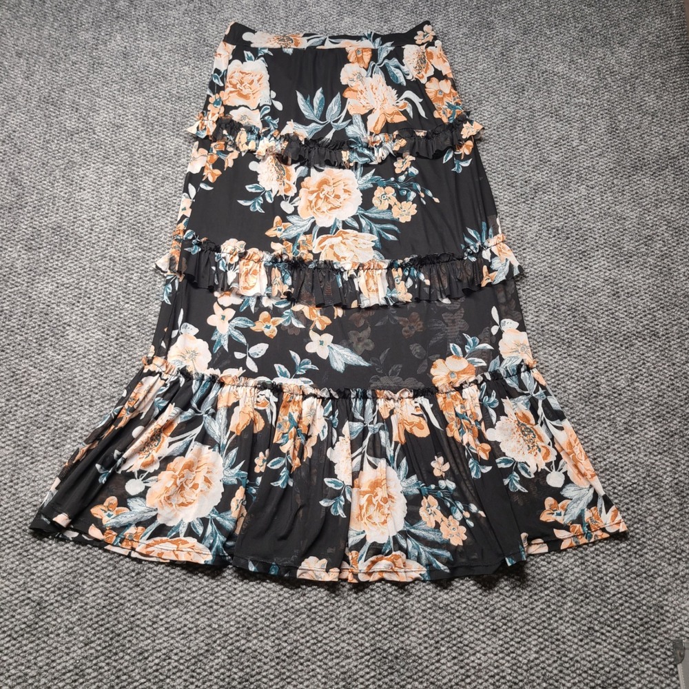 American Rag Cie Womens Black Floral Mesh Tiered Ruffle Maxi Skirt Boho Size M